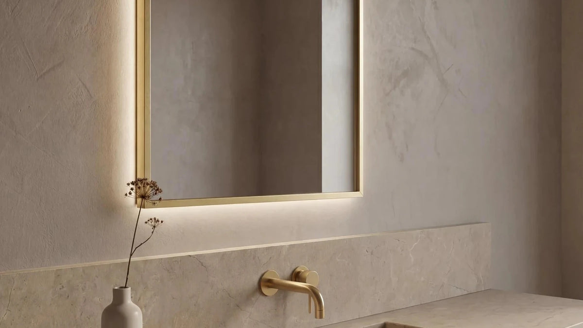 Claris ORO LIGHT LED mirror in a bathroom, wide product hero, wide view