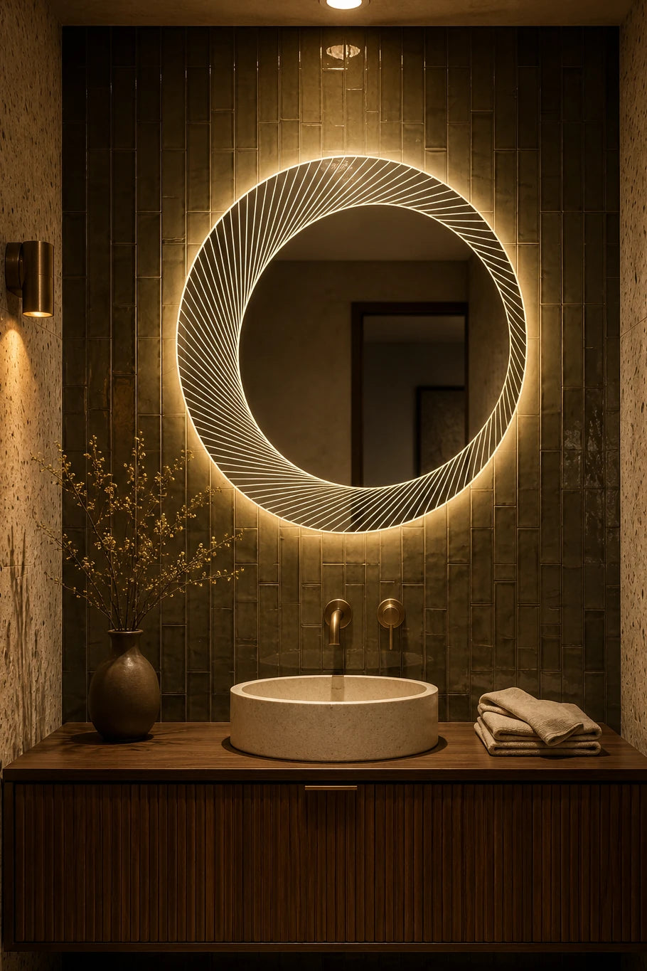 Claris ORSO 40 inch LED mirror, olive zellige bath, evening, Radiance Collection