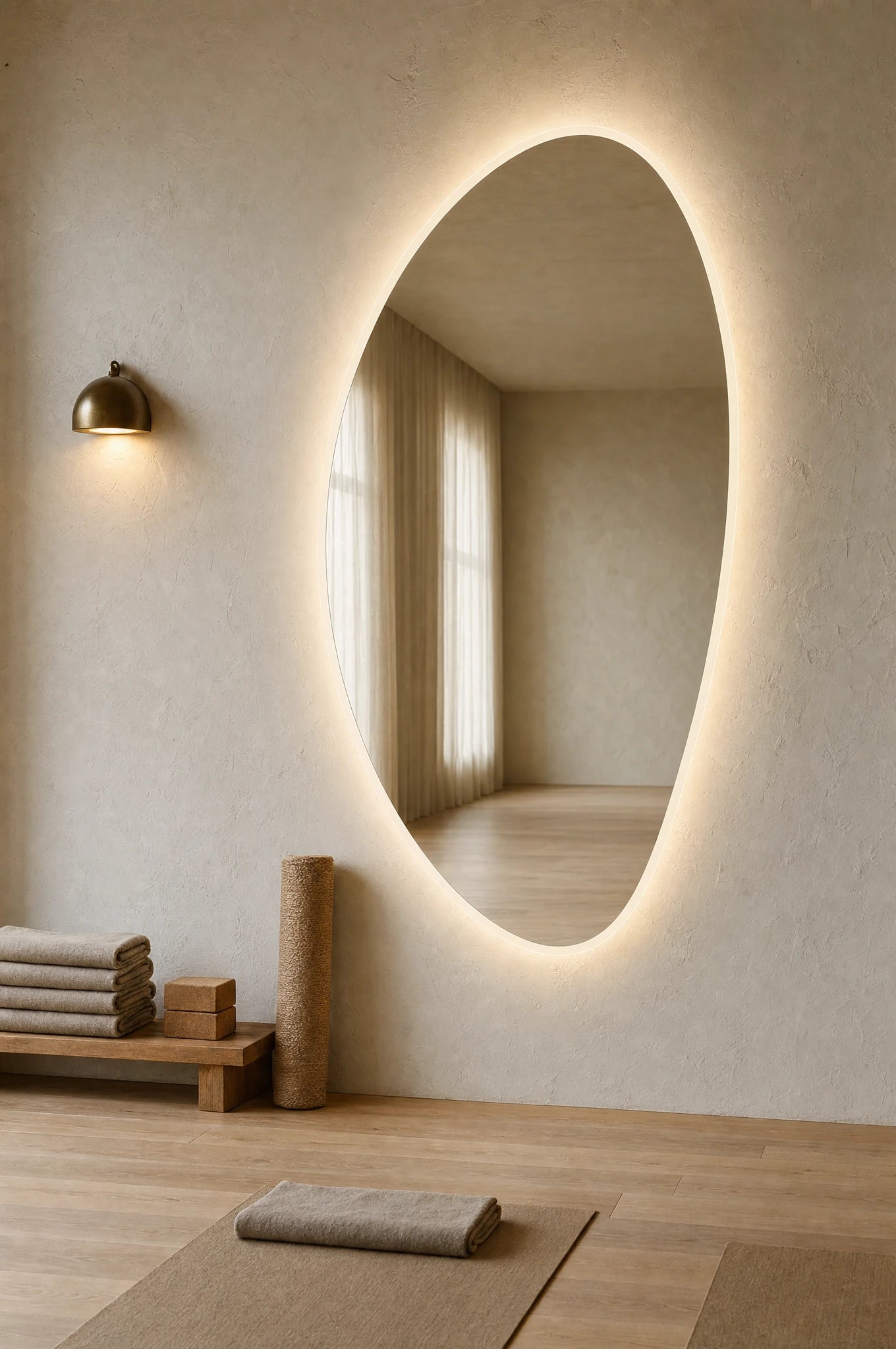 Claris PEBBLE STUDIO large-format river-stone mirror with illuminated frosted edge in a yoga studio, Studio Line