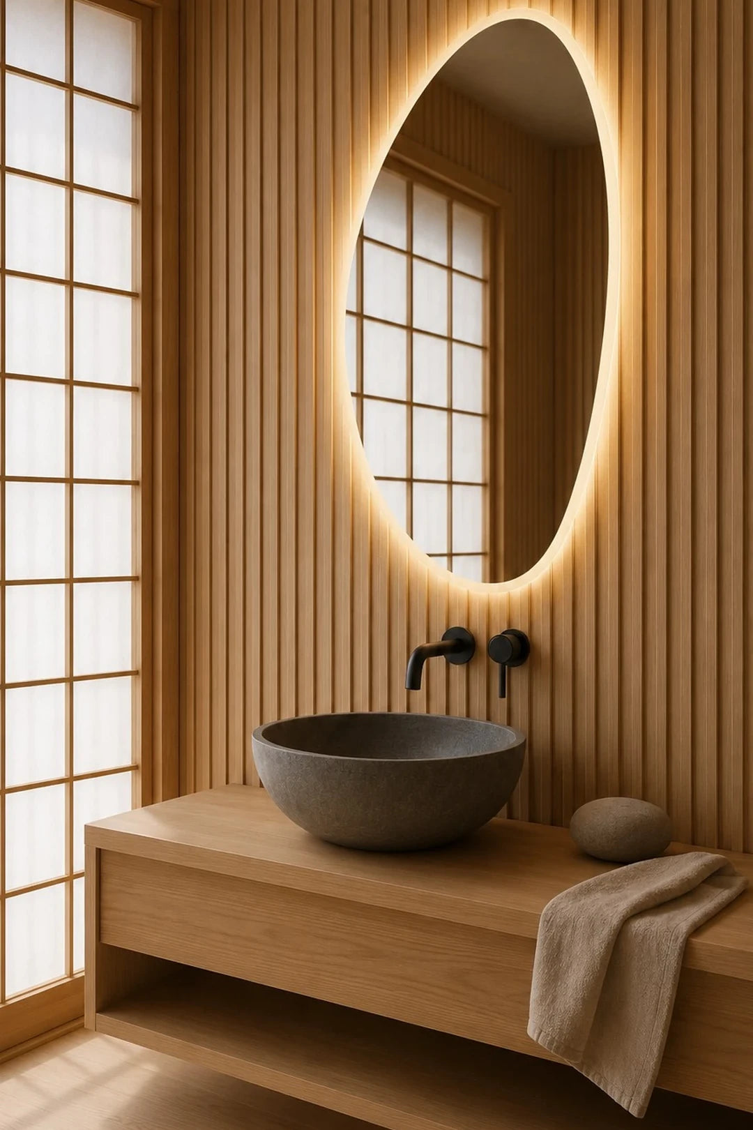 Claris PEBBLE mirror on an oak slat wall with shoji screens and a stone basin