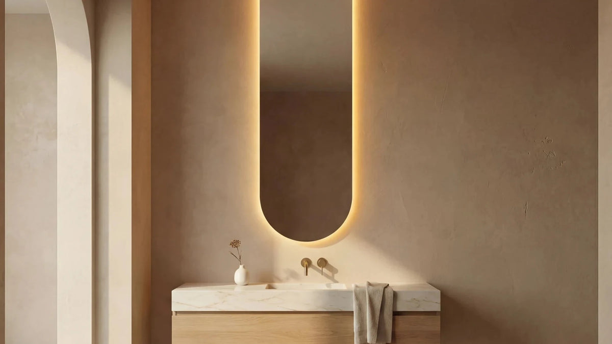 Claris PULSE LED mirror in a bathroom, wide product hero, wide view