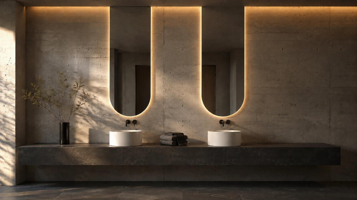 Claris PULSE pair of backlit LED mirrors on a cast concrete double vanity wall, wide room view, Radiance Collection, wide view