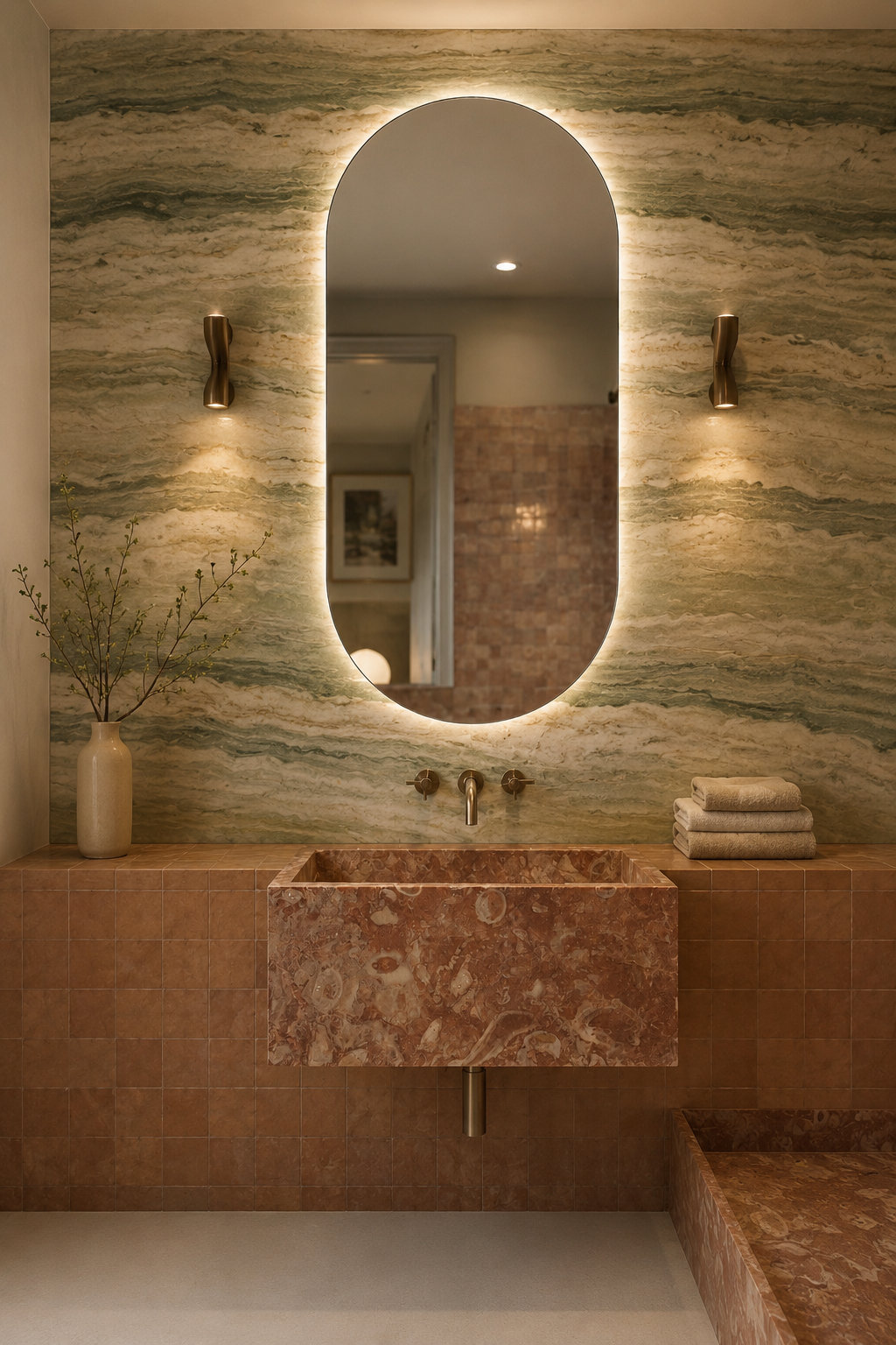 A luxury bathroom vanity featuring a large oval backlit mirror mounted on a green and white marbled wall, with a matching terracotta stone sink and terracotta tiles below.