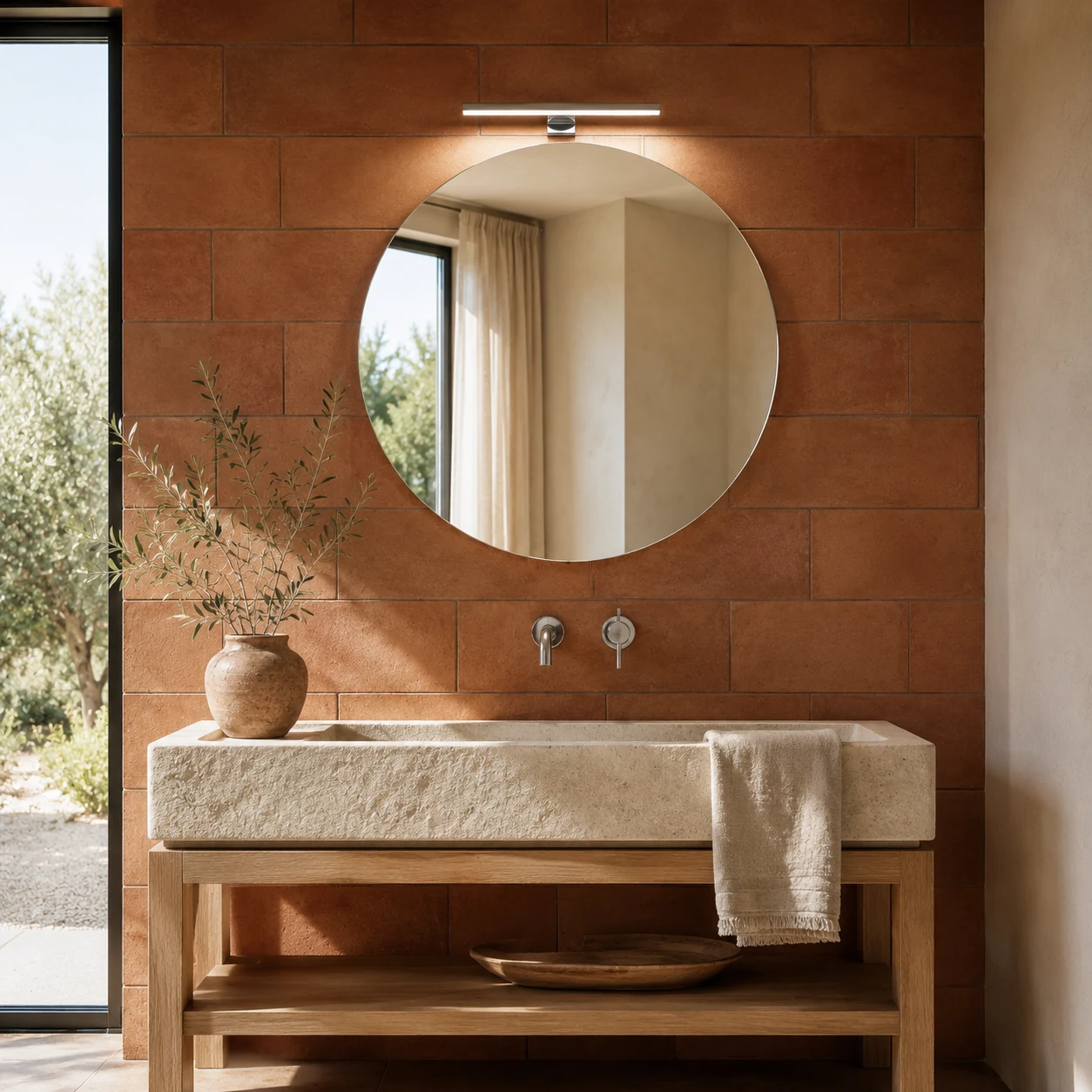 Claris ASOLA round frameless mirror with a wall light above a stone vanity