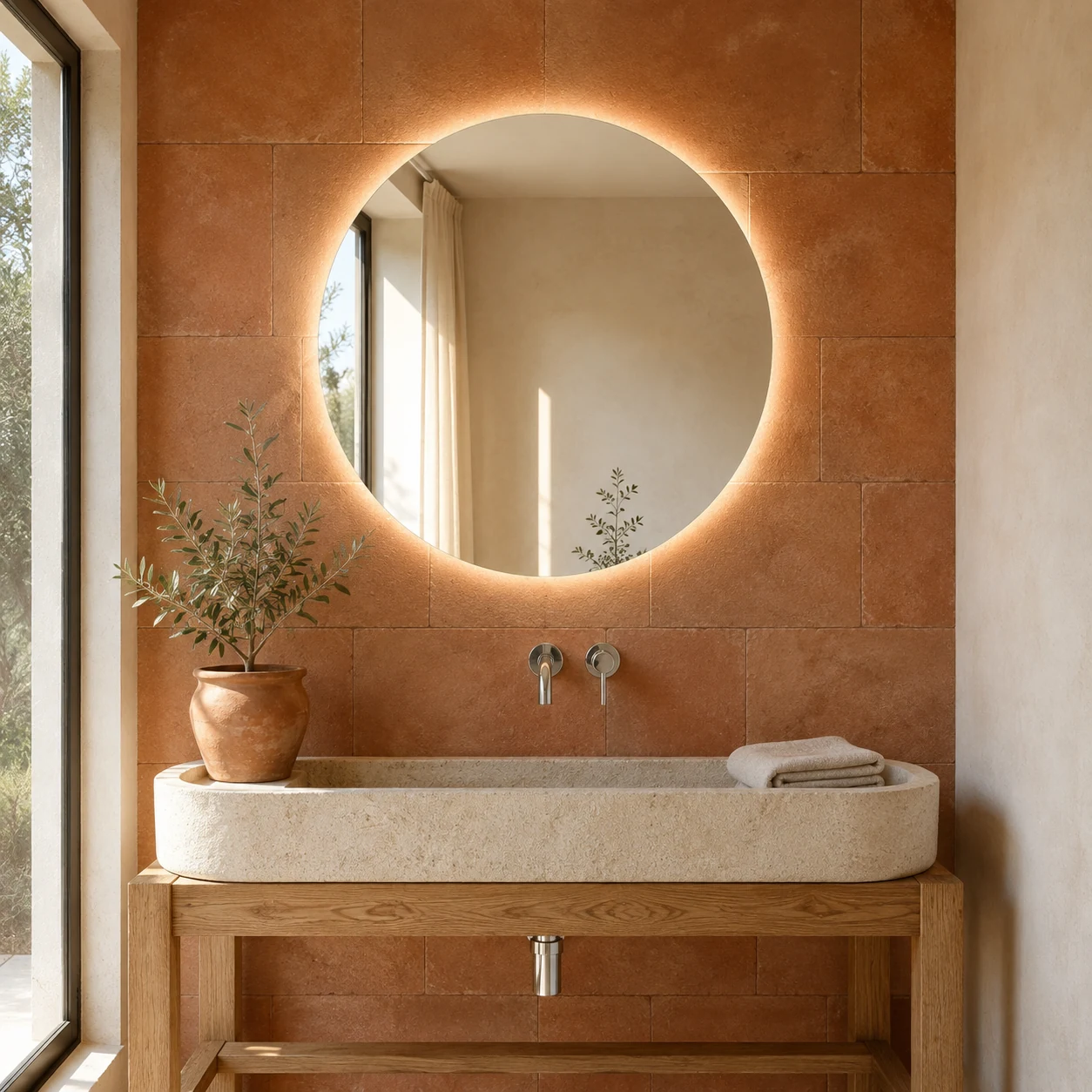 Claris ASOLA round frameless LED mirror on a terracotta wall above a stone basin