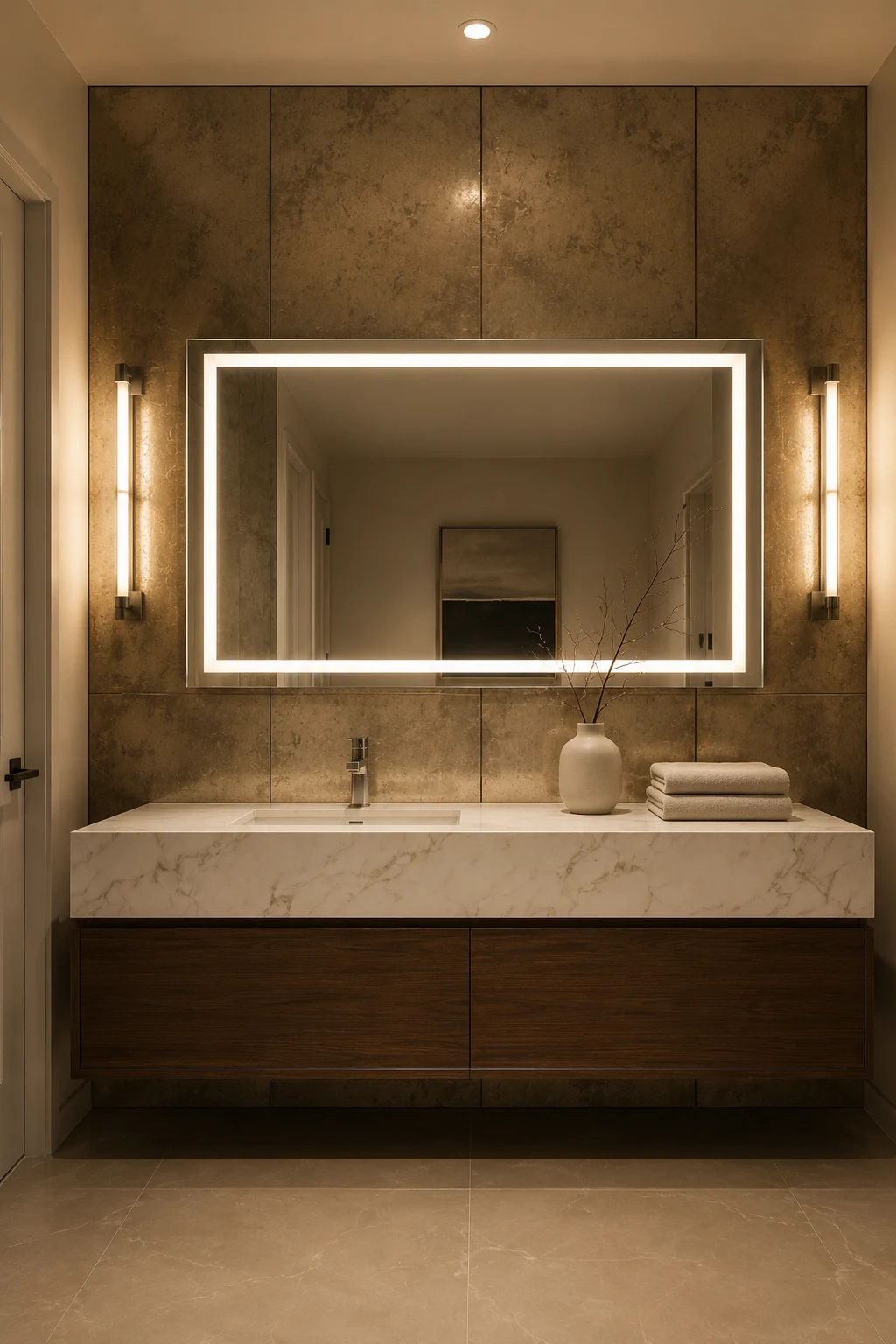 Claris BOCA front-lit LED mirror above a marble vanity with wall sconces