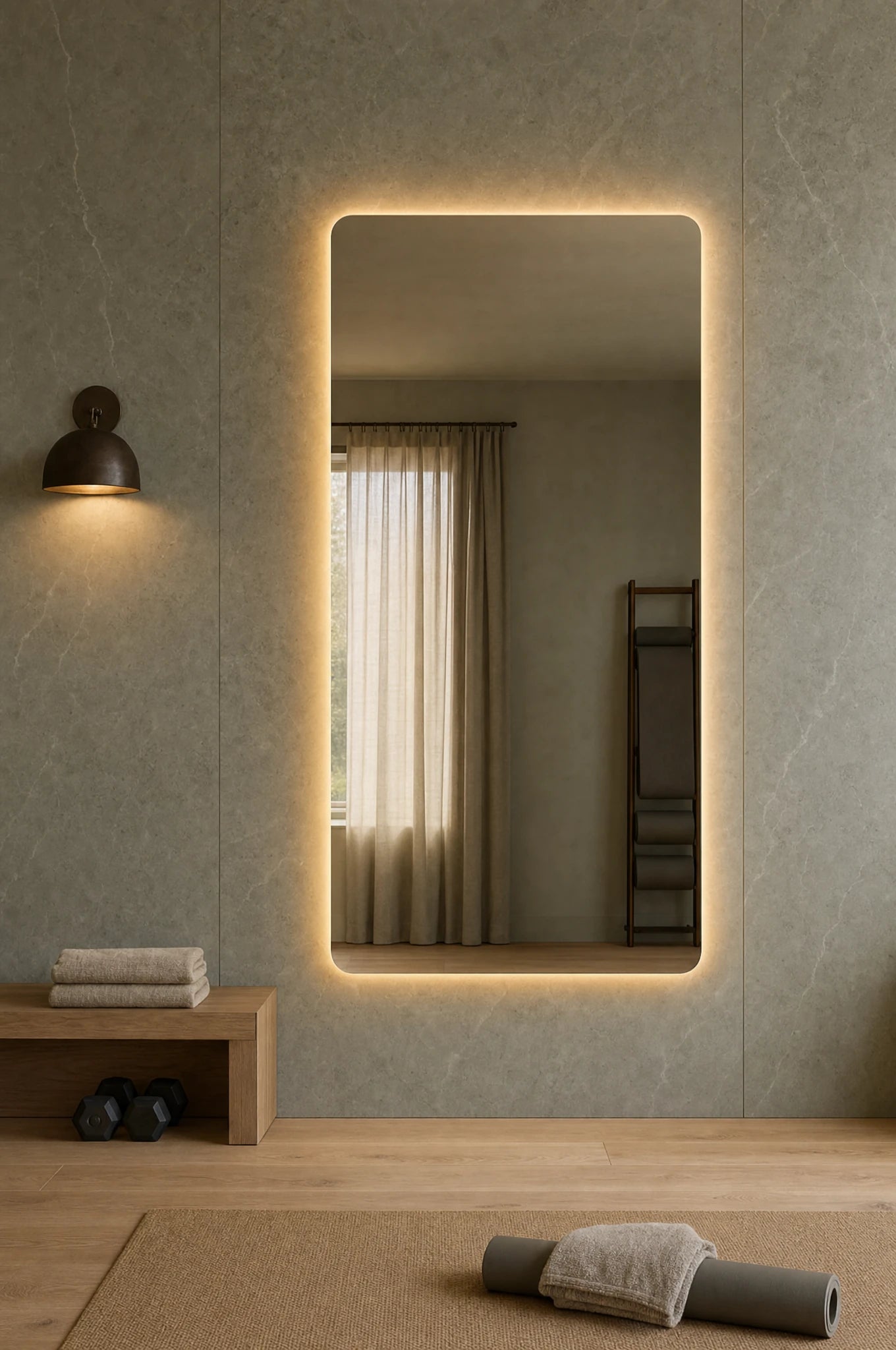 Claris SOUL STUDIO large-format backlit mirror in a home stretch gym, Studio Line
