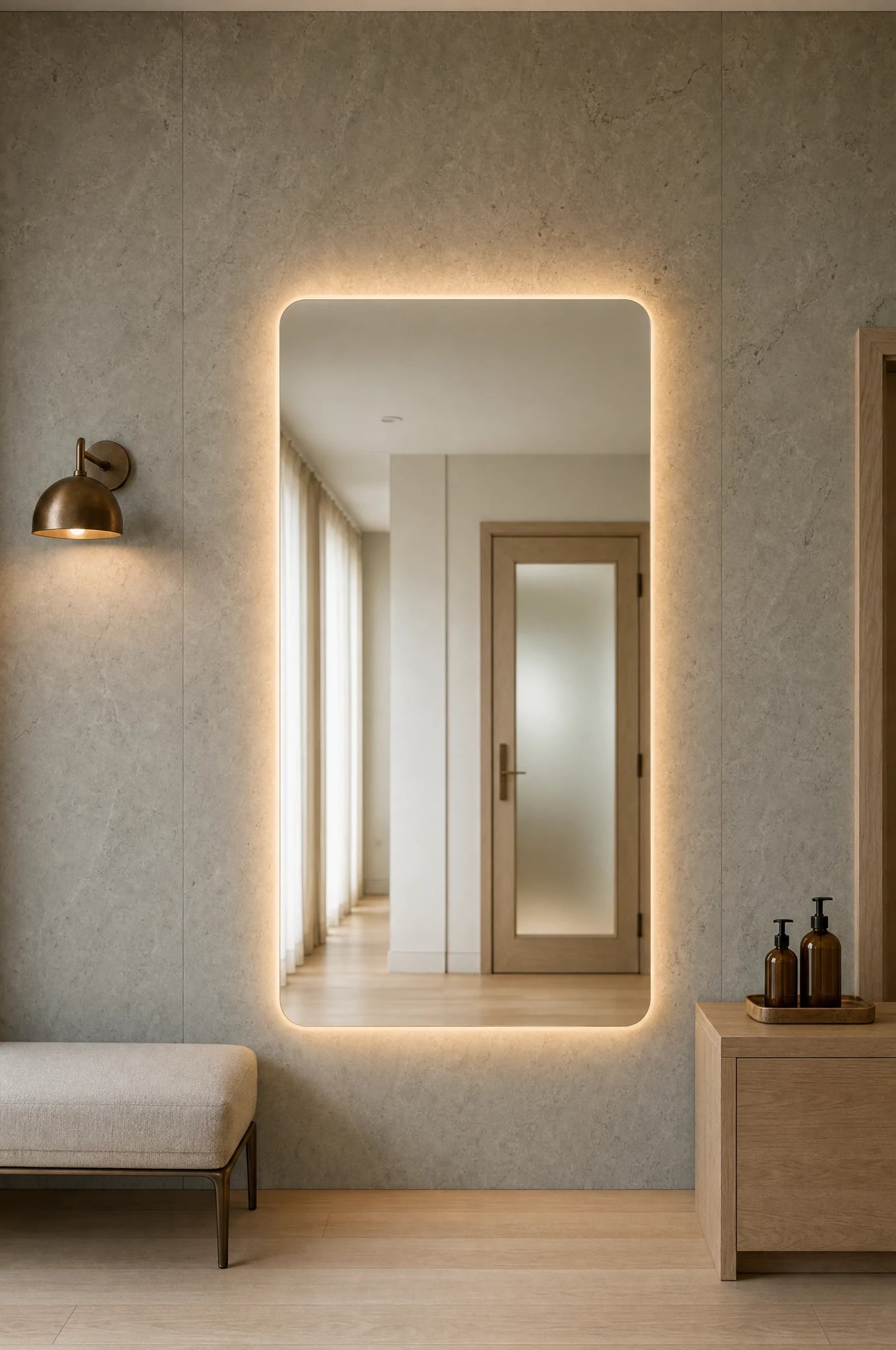 Claris SOUL STUDIO large-format backlit mirror in a med-spa consultation room, Studio Line