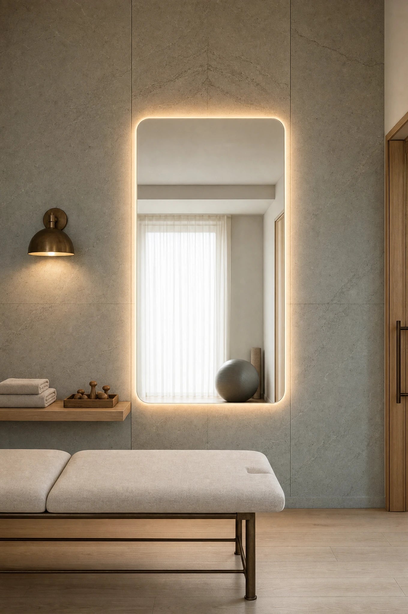 Claris SOUL STUDIO large-format backlit mirror in a physiotherapy rehab room, Studio Line
