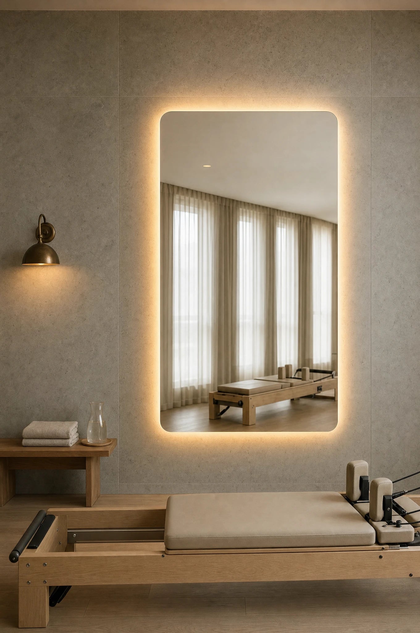 Claris SOUL STUDIO large-format backlit mirror in a boutique pilates studio, Studio Line