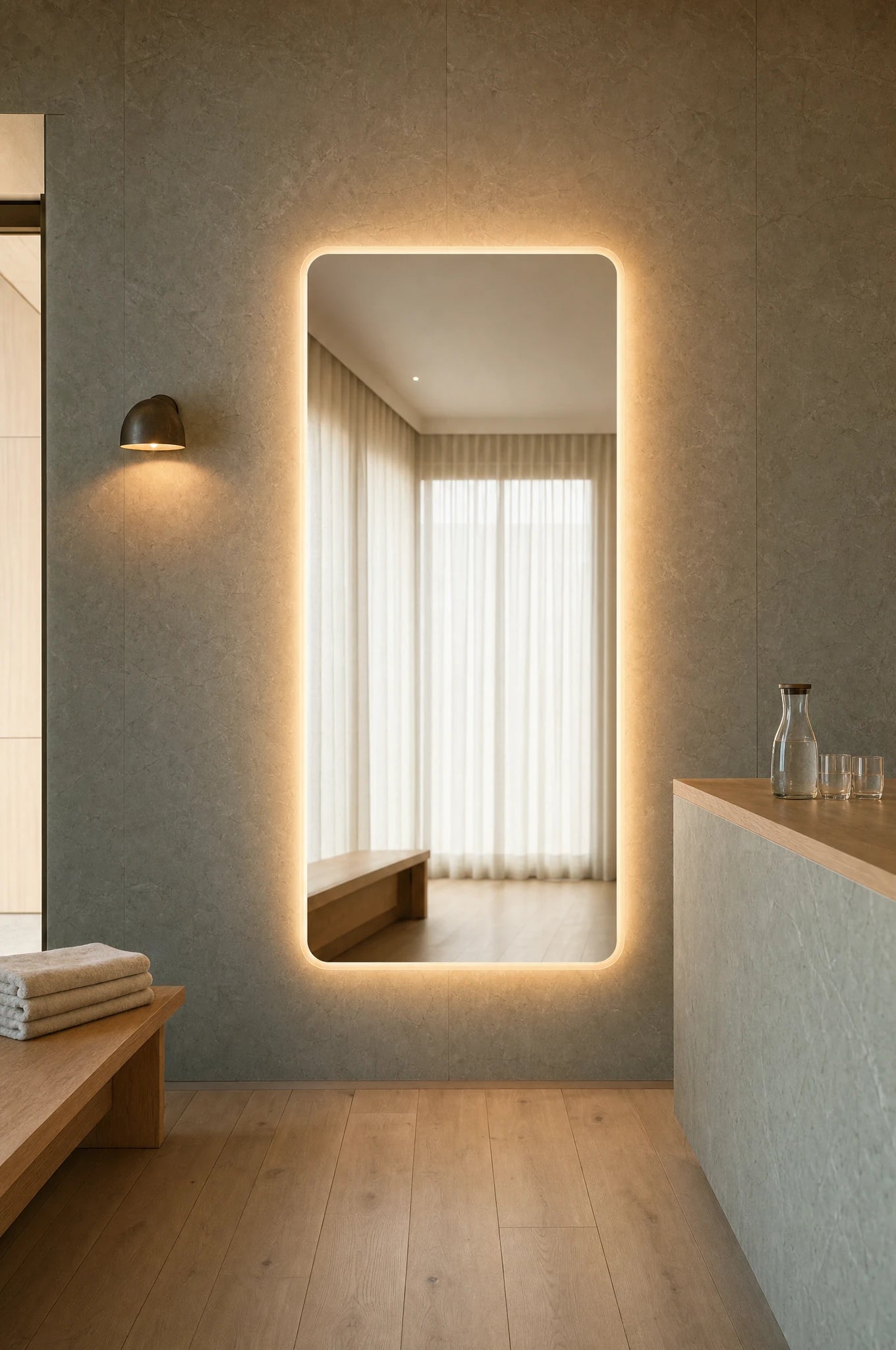Claris SOUL STUDIO large-format backlit mirror in a yoga sanctuary reception, Studio Line