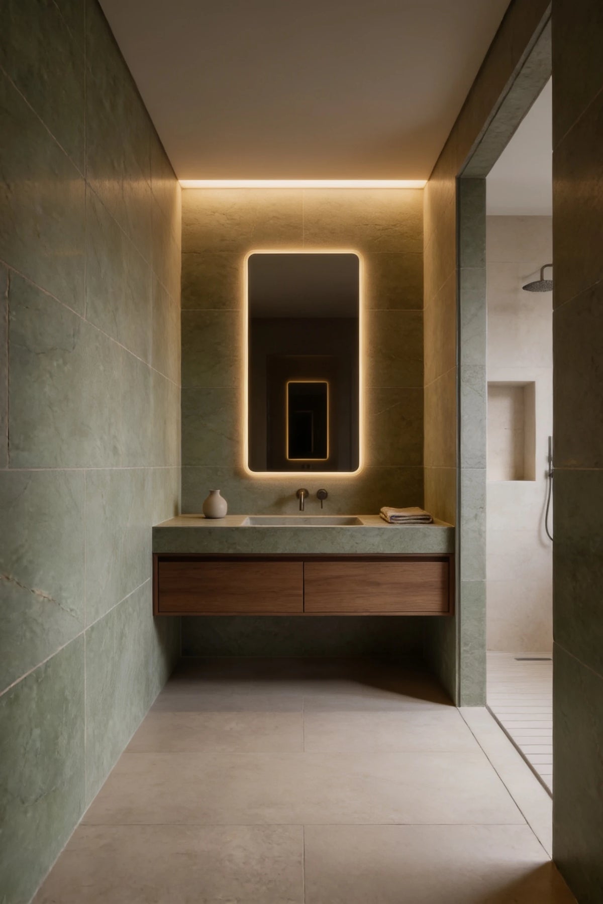 Claris SOUL 30x60 LED mirror at 3000K, warm ensuite, Radiance Collection