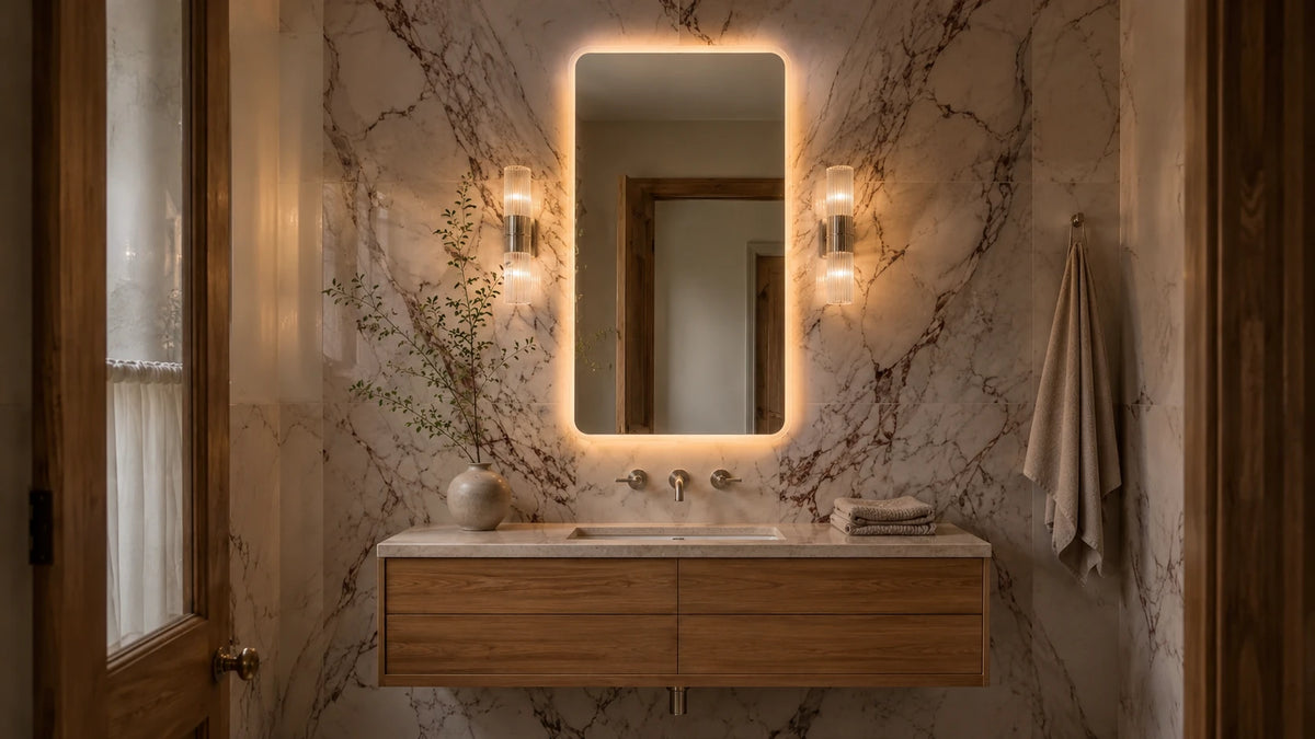 Claris SOUL mirror in a Calacatta Viola bath, wide view