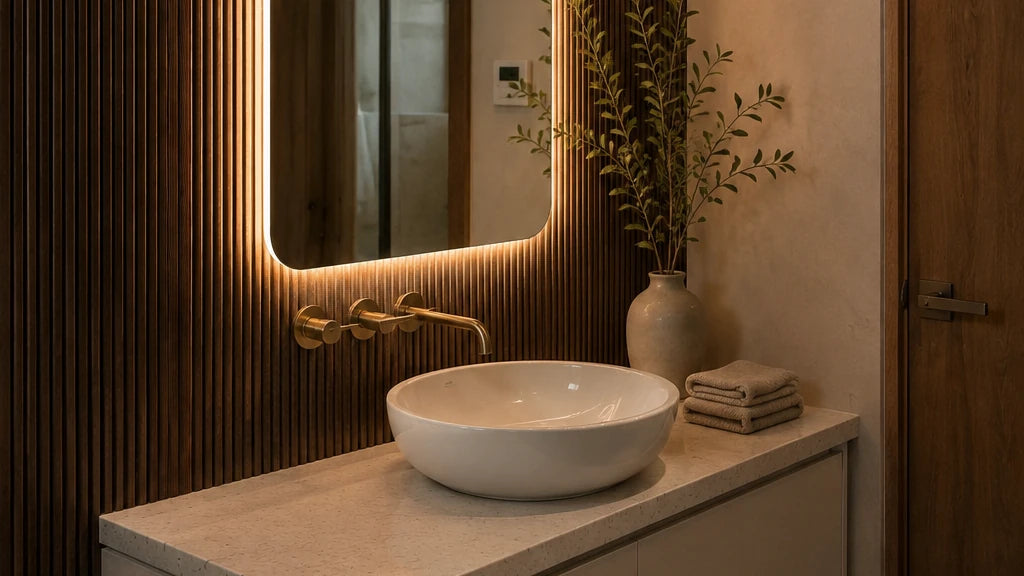 Claris SOUL mirror on reeded walnut, wide view