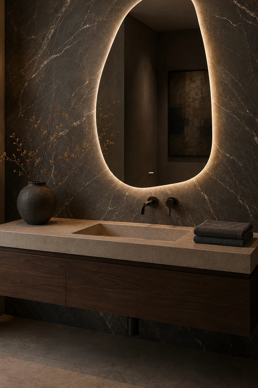Claris STONE LED mirror, bathroom scene, Terra Collection