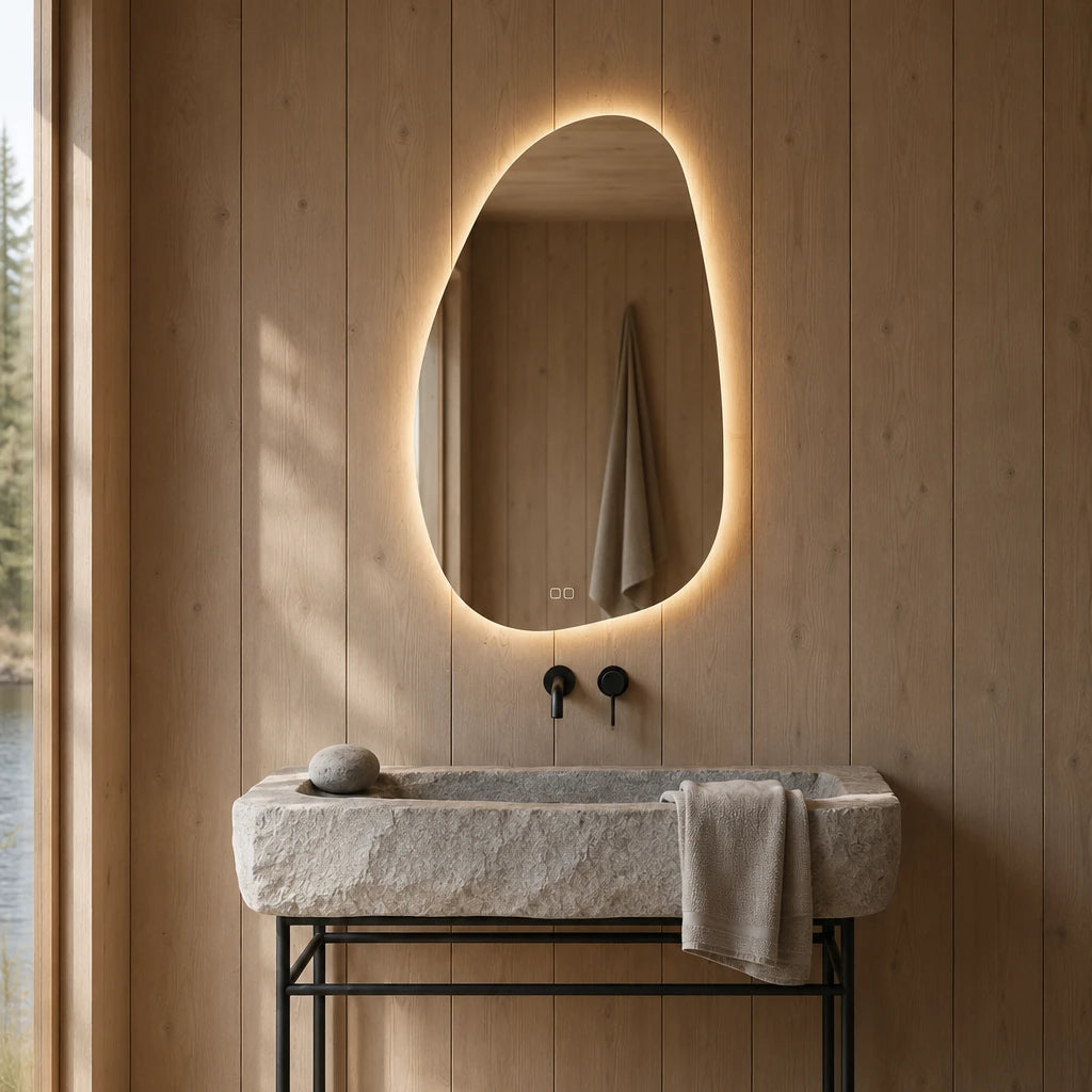 Claris STONE mirror in a cedar lakehouse bath