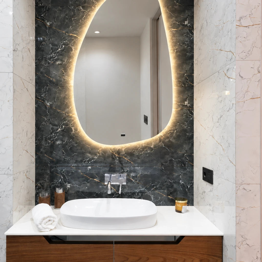 Claris STONE mirror on green marble, frontal view