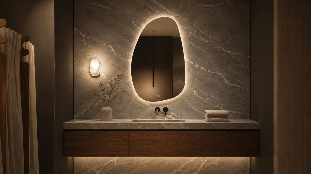 A modern bathroom vanity featuring a large organic-shaped backlit mirror mounted on a dark gray marble wall above a floating wooden console with a matching marble countertop, wide view