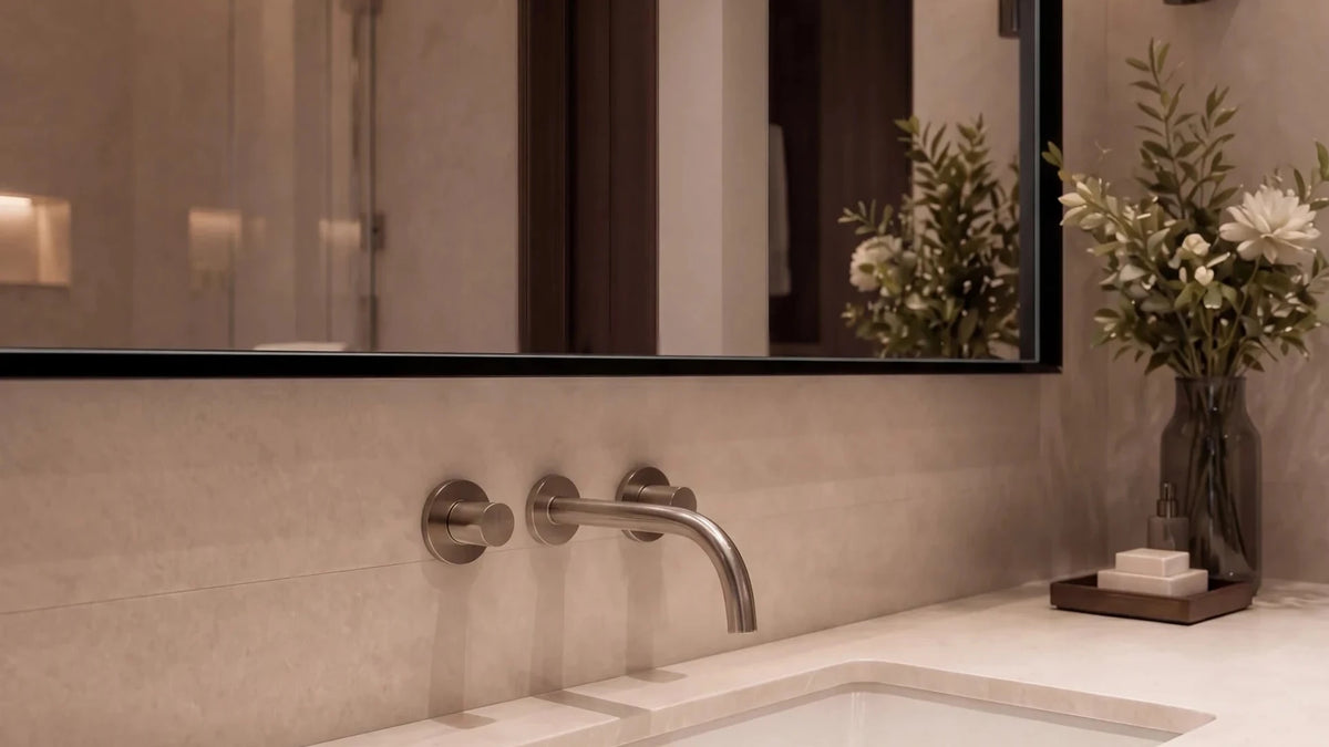 Claris VARIO STEEL mirror in a living space, wide product hero, wide view
