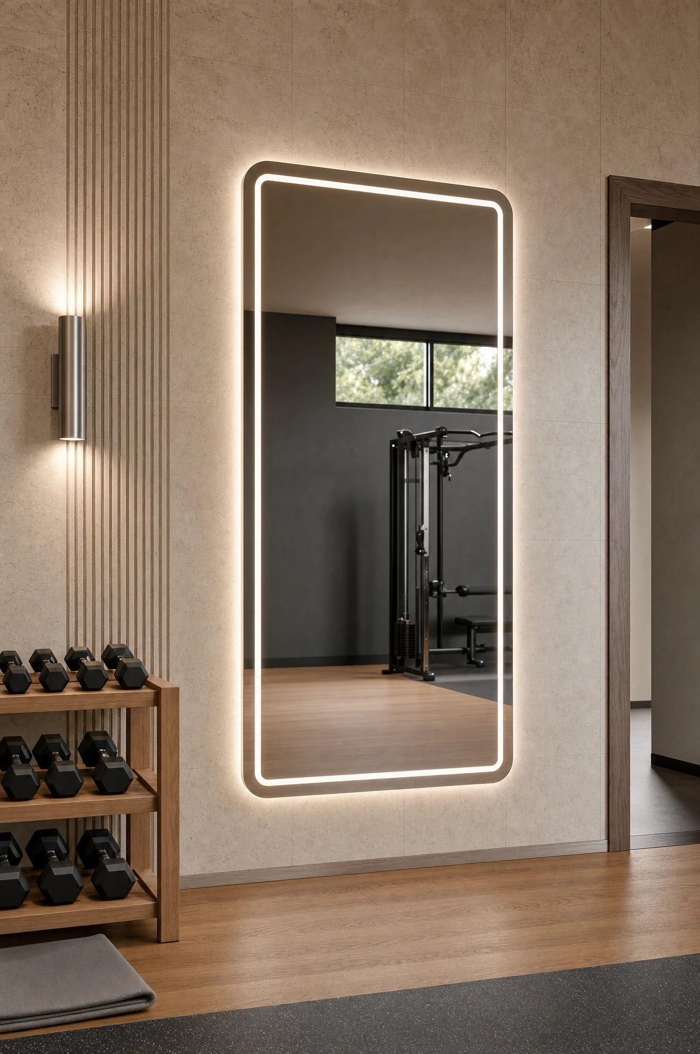 Claris VITA STUDIO large-format backlit mirror with frosted inner light band in a performance gym, Studio Line