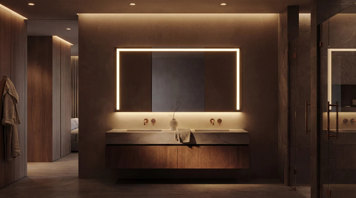 ACARI rounded-rectangle mirror with bright LED edge frame, hospitality bath wide. Claris Company.