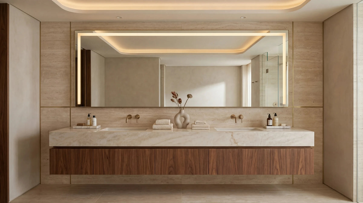 Claris ACARI front-lit LED mirror above a double vanity, wide view