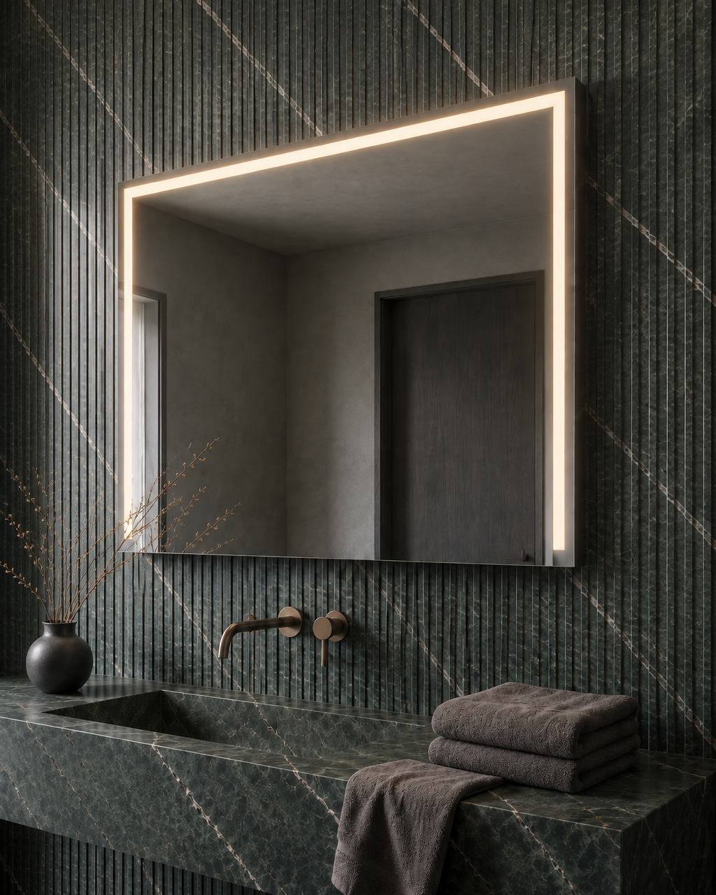 Claris ACARI LED mirror, green fluted marble bathroom, Radiance Collection