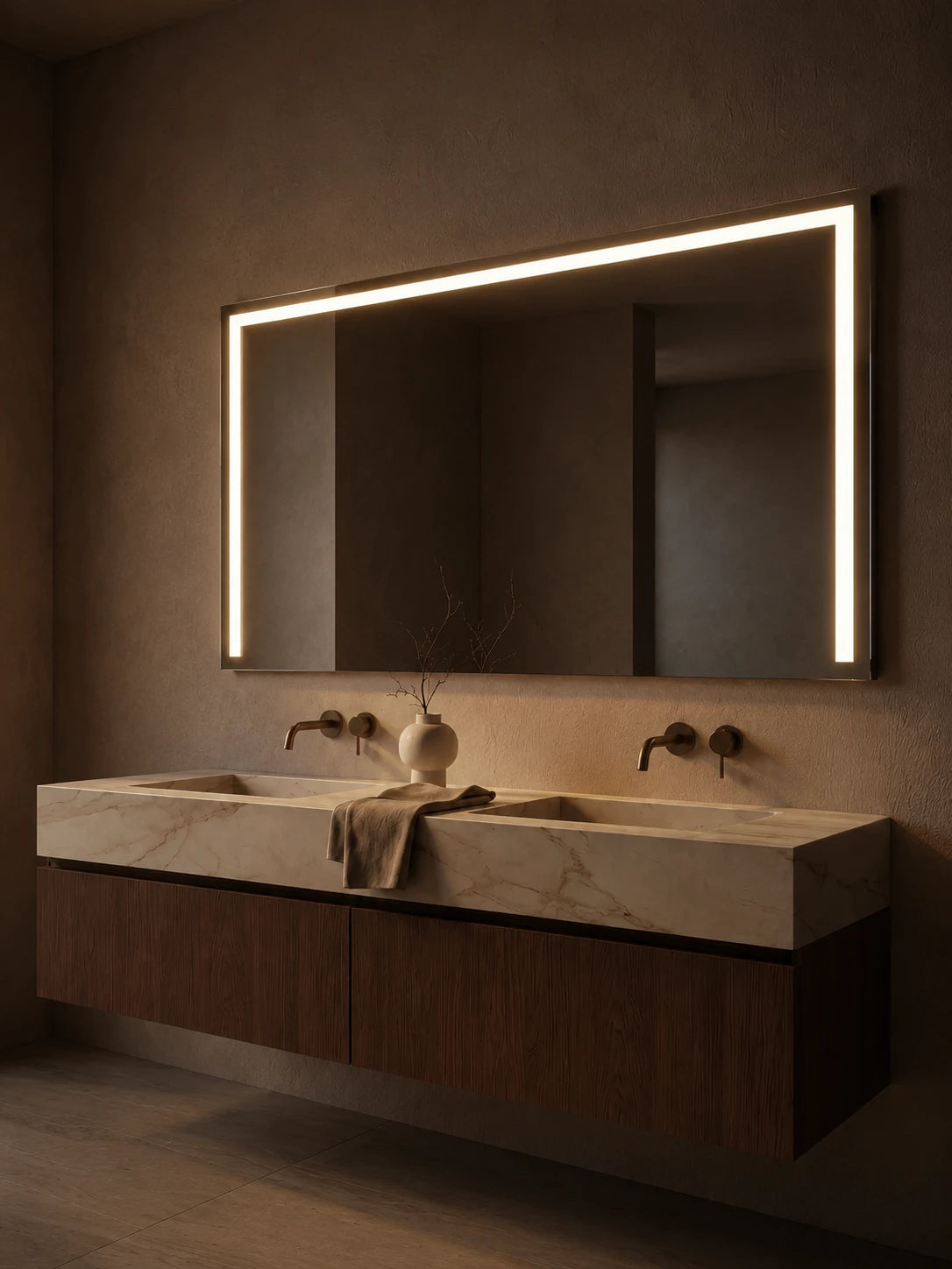ACARI mirror in a bathroom, portrait view, Radiance Collection. Claris Company.