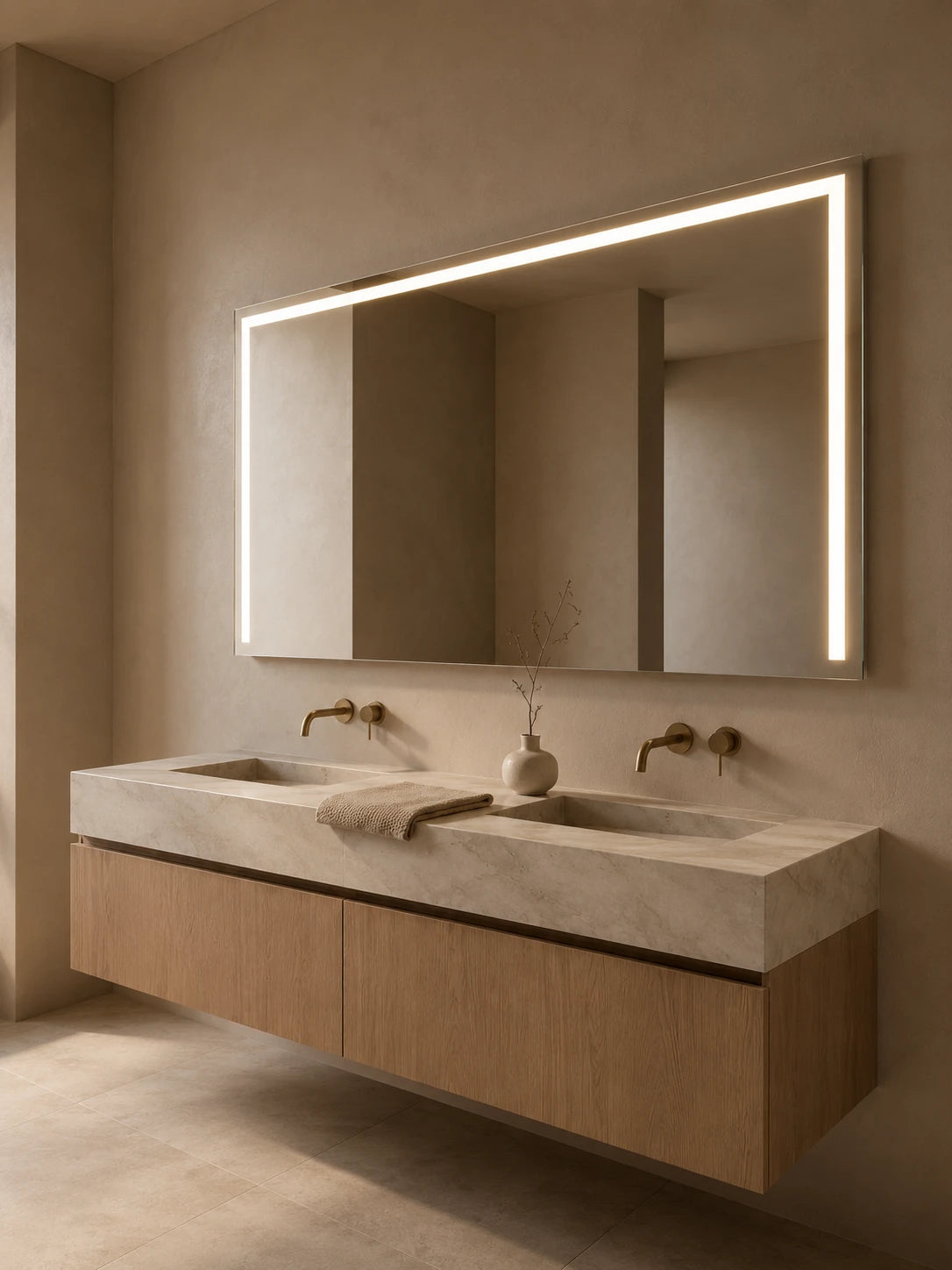 ACARI mirror in a bathroom, portrait view, Radiance Collection. Claris Company.