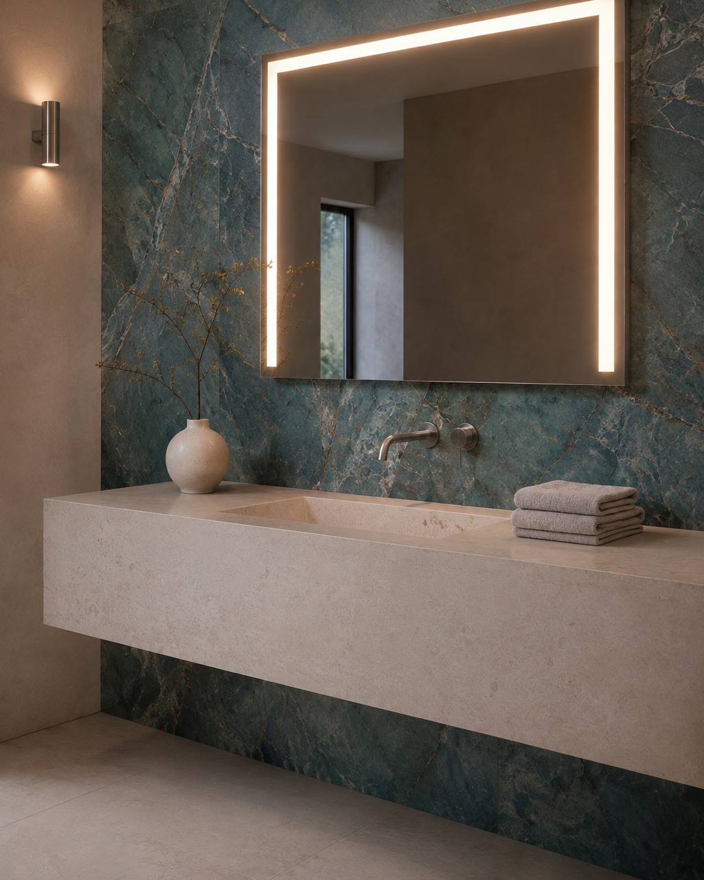 Claris ACARI LED mirror, marble bathroom scene, Radiance Collection