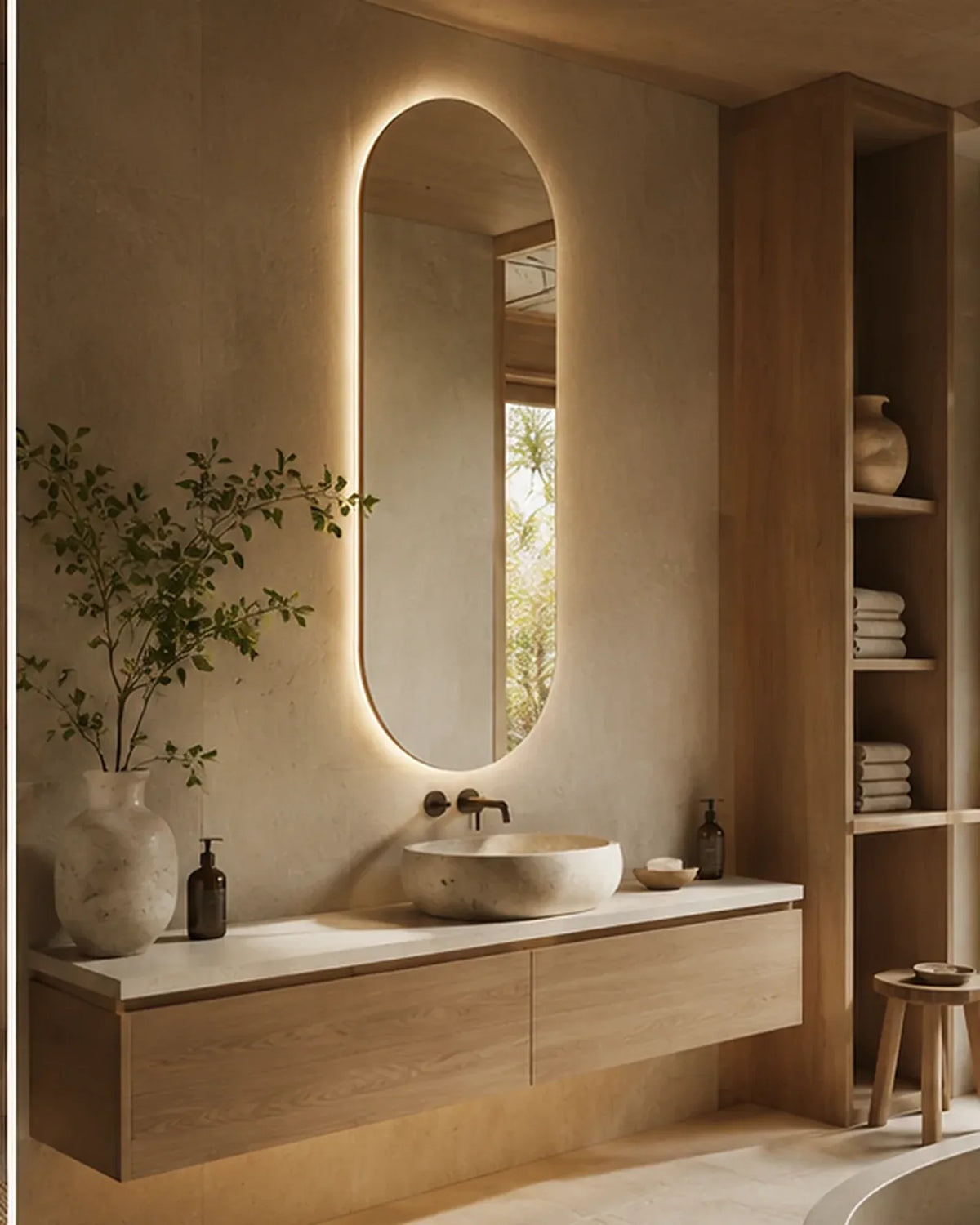 Claris ACUTO oval LED bathroom mirror, three-quarter view in a bathroom, Concept Studio