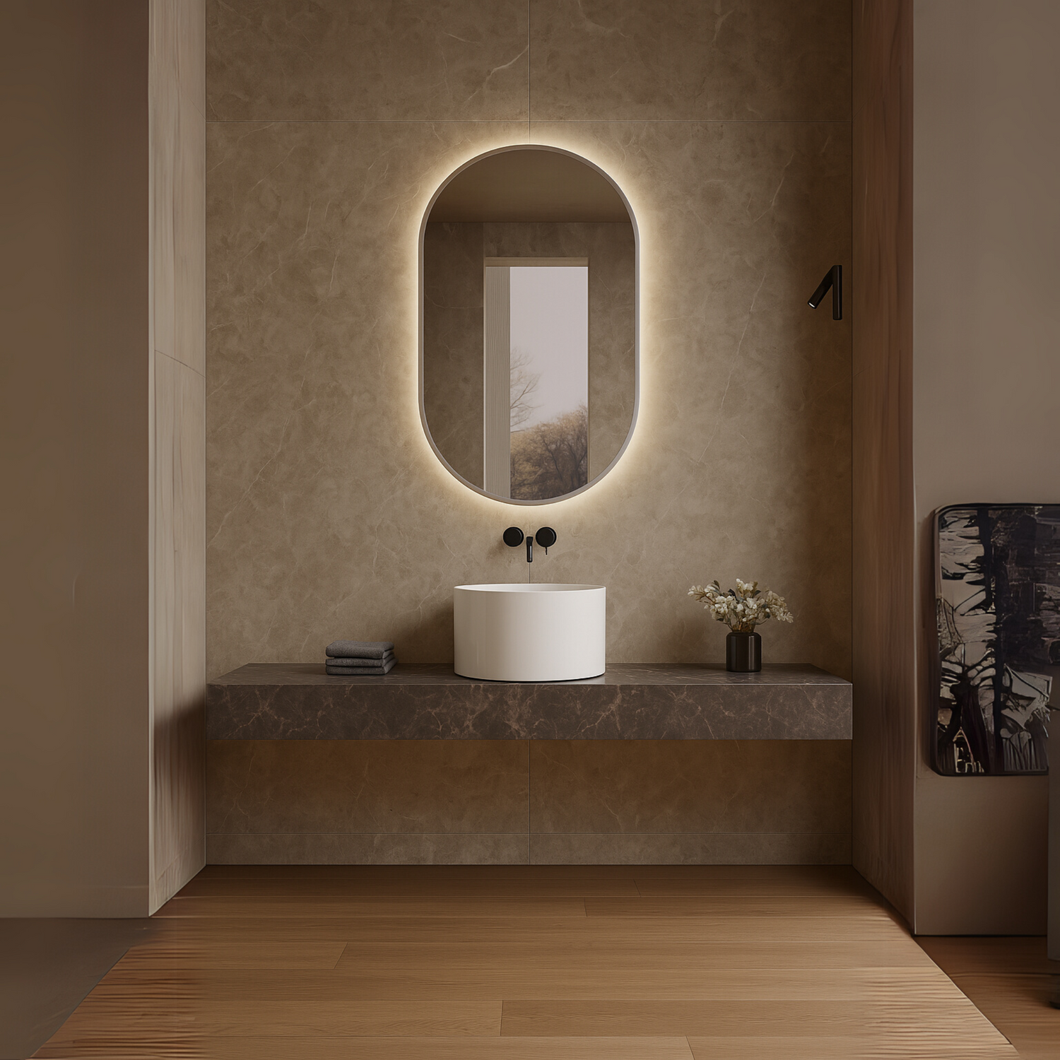 ACUTO oval LED bathroom mirror with beveled edge. Claris Company.
