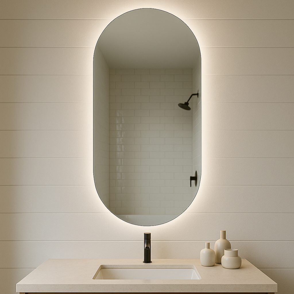 ACUTO oval LED bathroom mirror with warm backlight. Claris Company.