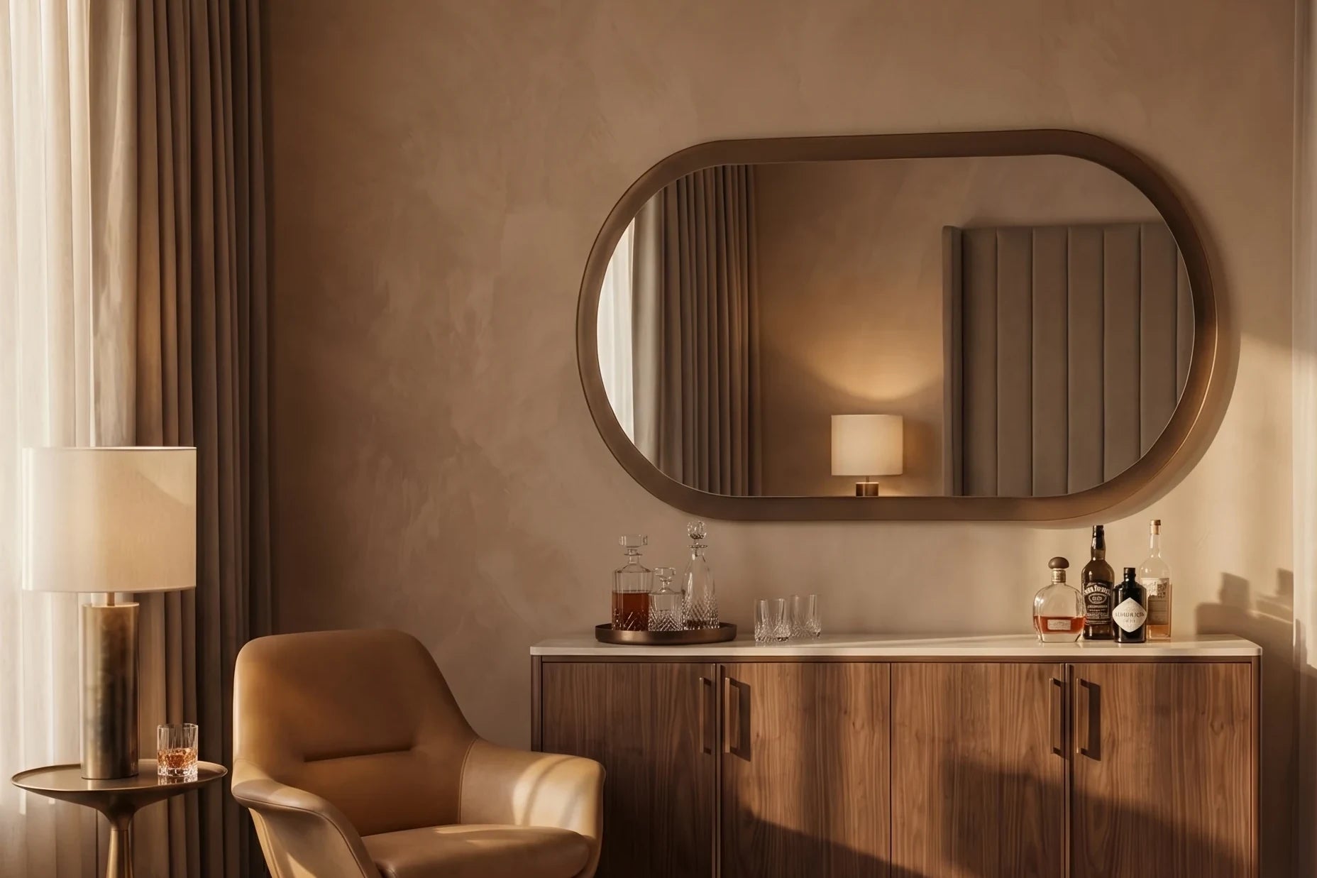 ALHENA mirror in a home-living interior, hero view, Gemini Collection. Claris Company.