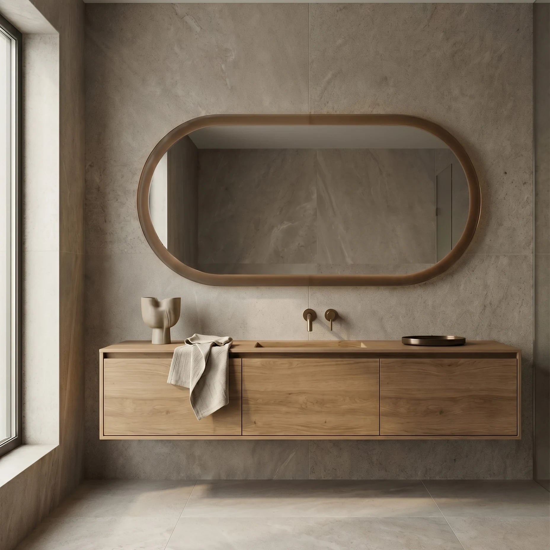 ALHENA mirror in a bathroom, Gemini Collection. Claris Company.