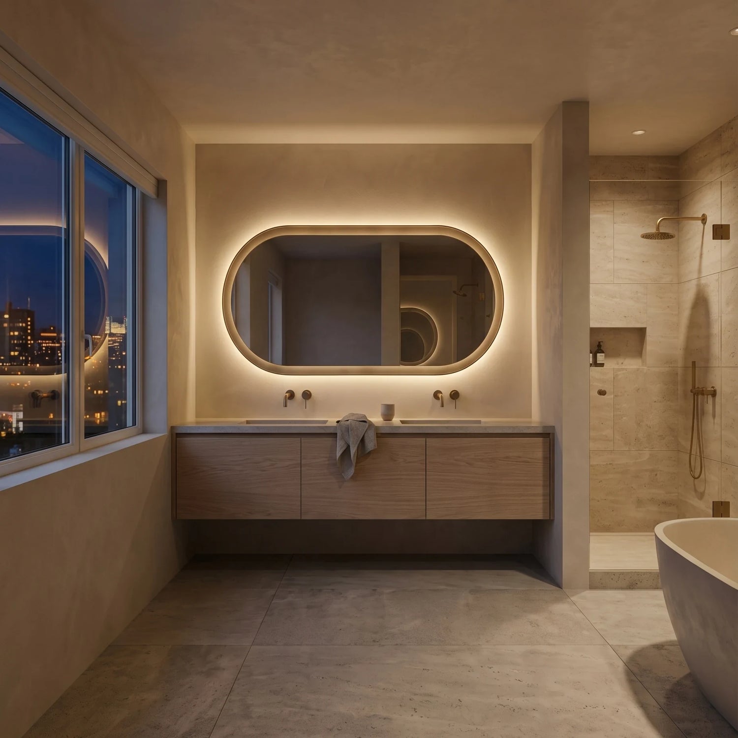 ALHENA mirror in a bathroom, Gemini Collection. Claris Company.