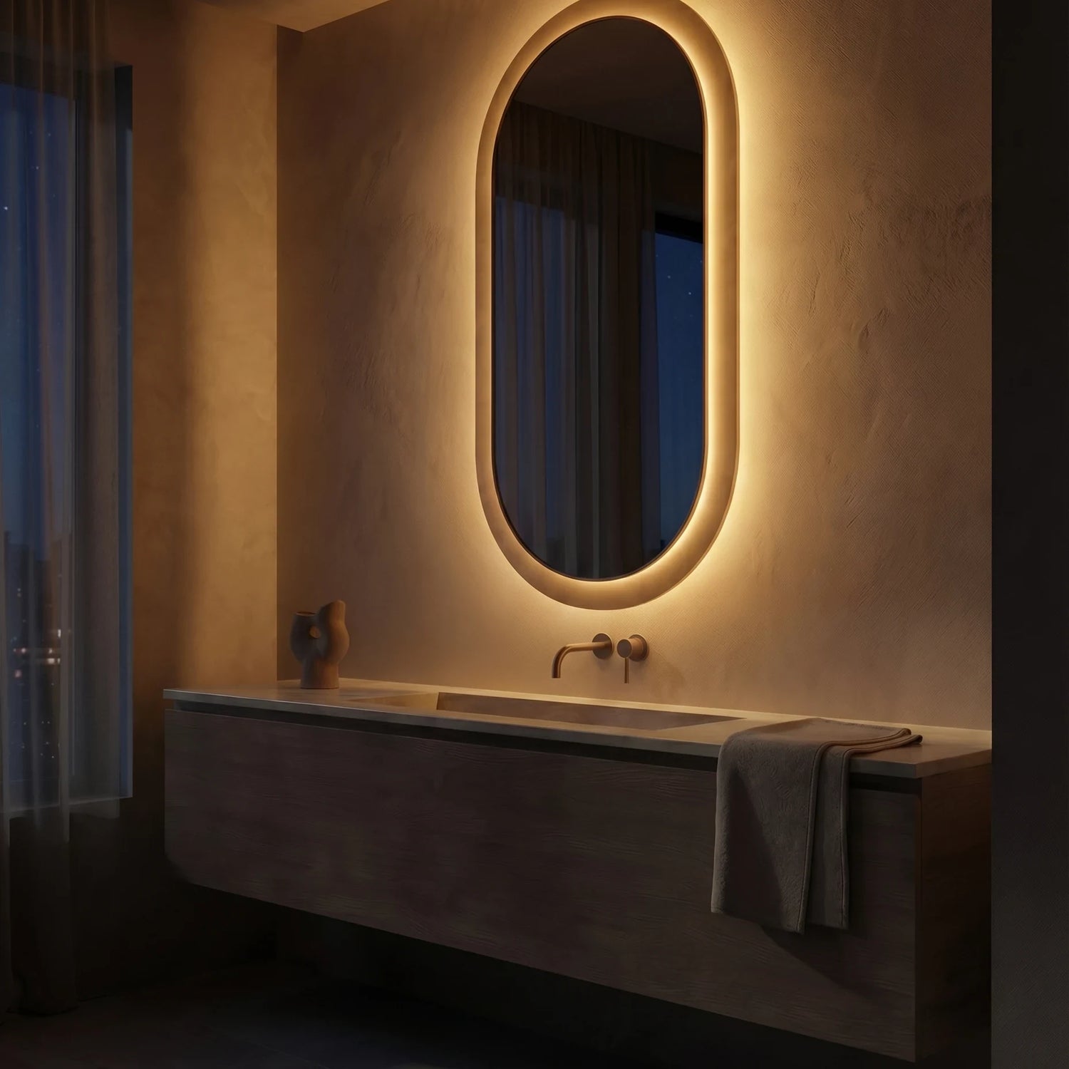 ALHENA mirror in a bathroom, Gemini Collection. Claris Company.