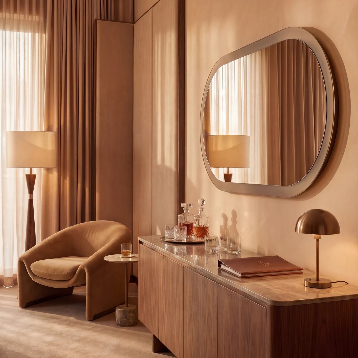 ALHENA mirror in a home-living interior, Gemini Collection. Claris Company.