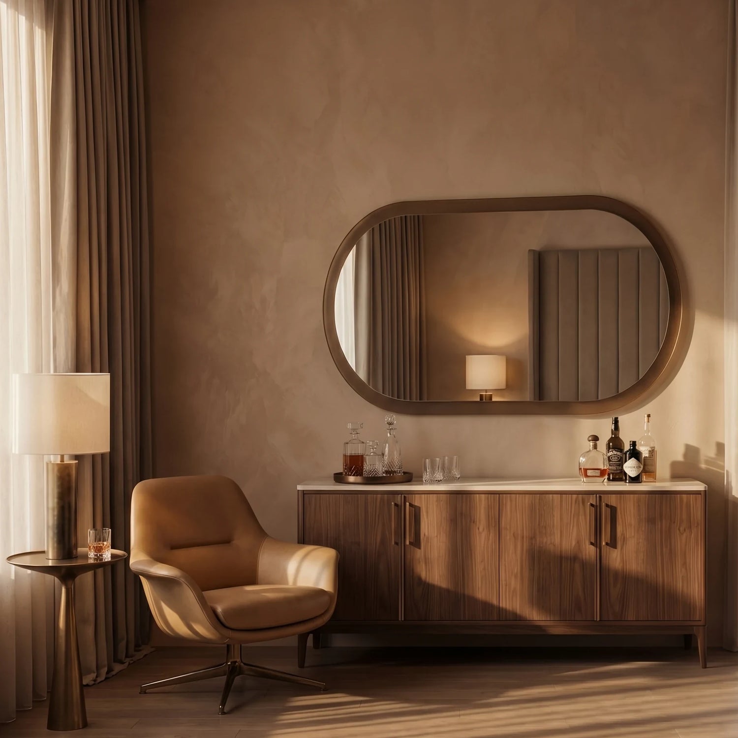ALHENA mirror in a home-living interior, Gemini Collection. Claris Company.