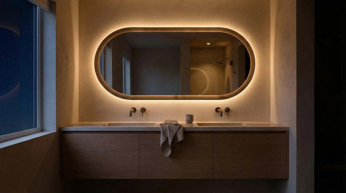 Claris ALHENA mirror above a vanity at night, Gemini Collection, wide view
