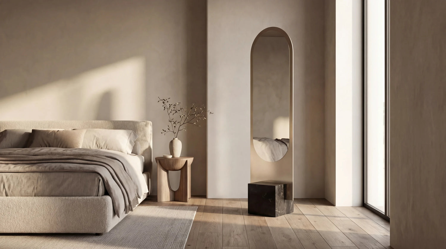 Claris ALICE floor mirror in a bedroom, Gemini Collection, wide view