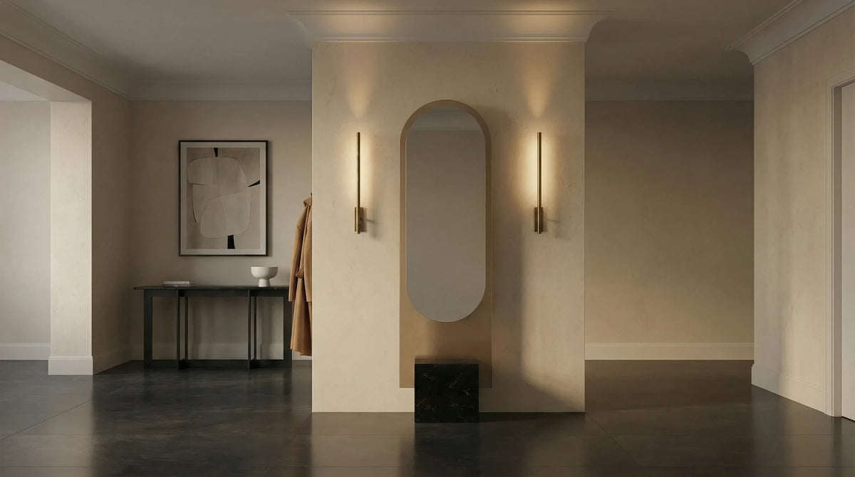 Claris ALICE floor mirror in a corridor, Gemini Collection, wide view
