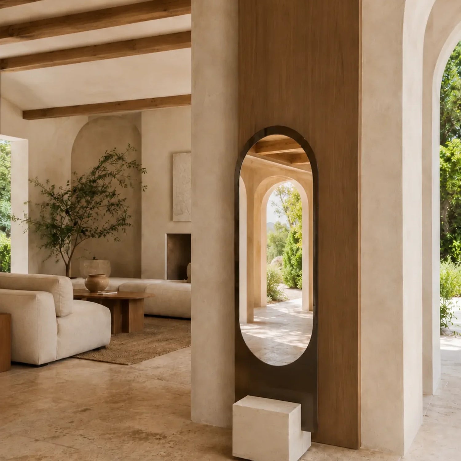 A modern interior design scene featuring a tall, vertical oval mirror with a dark bronze frame mounted on a wooden panel, set against a warm beige plaster wall in a rustic, sunlit room with arches and a sofa in the background.