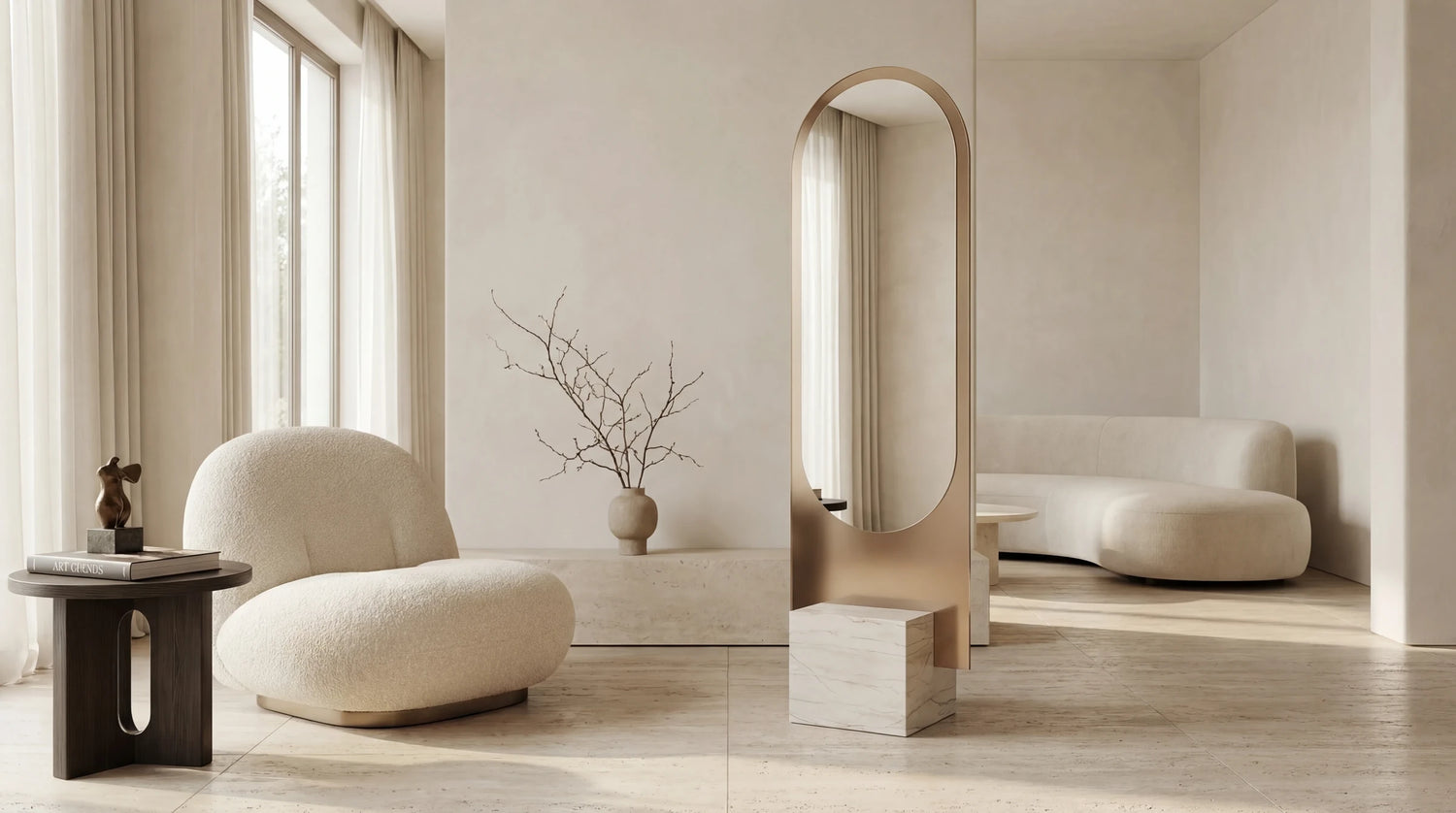 Claris ALICE floor mirror in a lounge, Gemini Collection, wide view