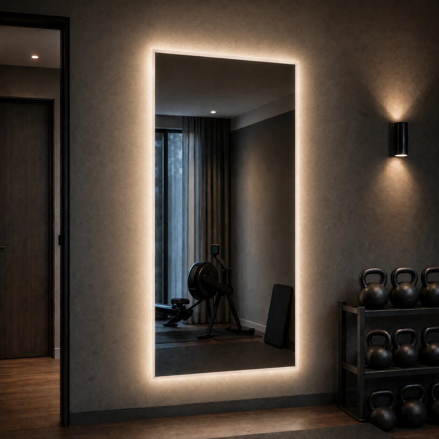 Claris ANIMA STUDIO large-format backlit mirror in a private home gym, Studio Line