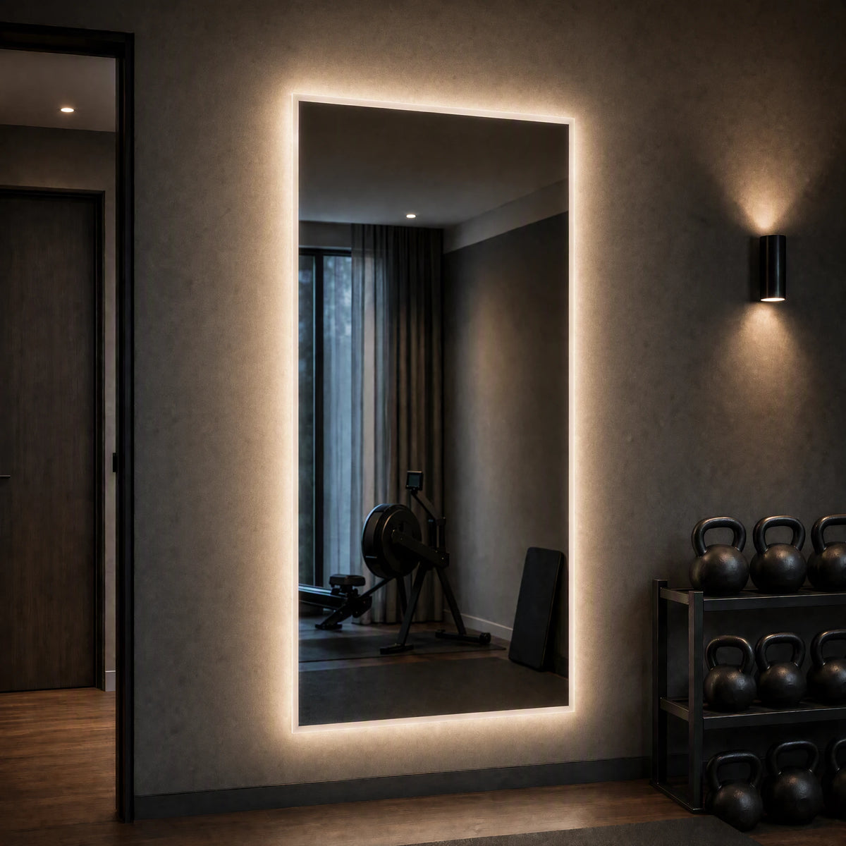 Claris ANIMA STUDIO large-format backlit mirror in a private home gym, Studio Line