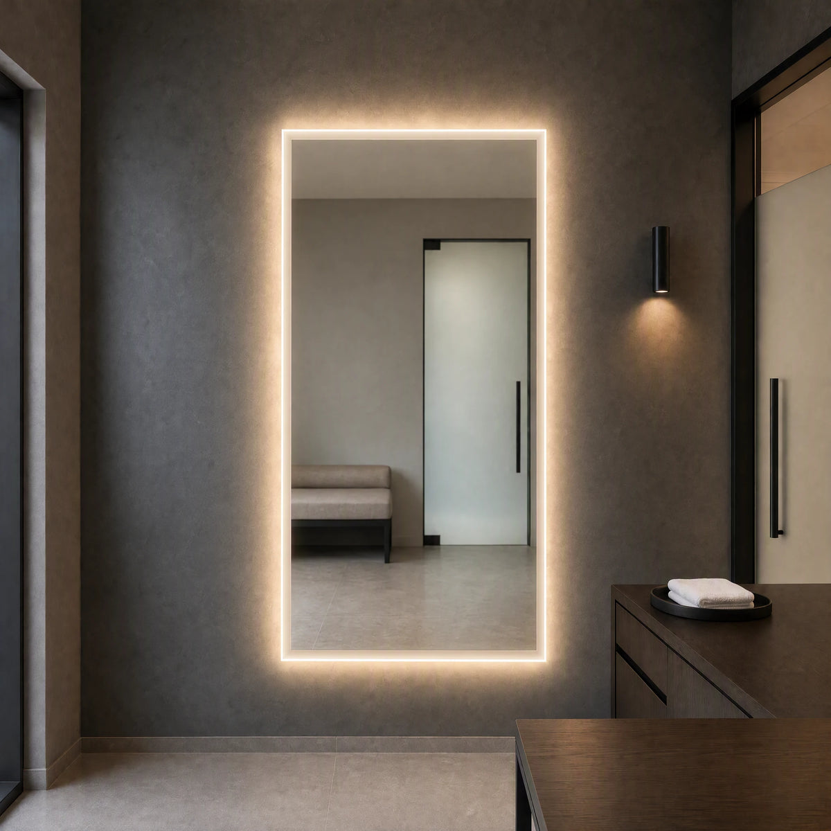 Claris ANIMA STUDIO large-format backlit mirror in a medical consultation office, Studio Line