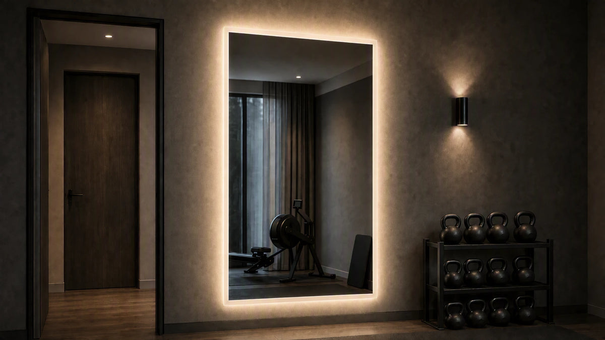 Claris ANIMA STUDIO backlit mirror in a wellness studio, wide view, Studio Line