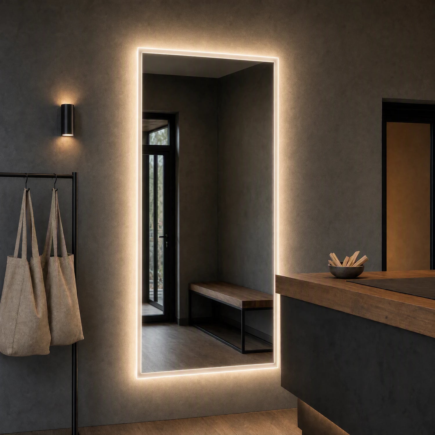 Claris ANIMA STUDIO large-format backlit mirror in a yoga centre reception, Studio Line