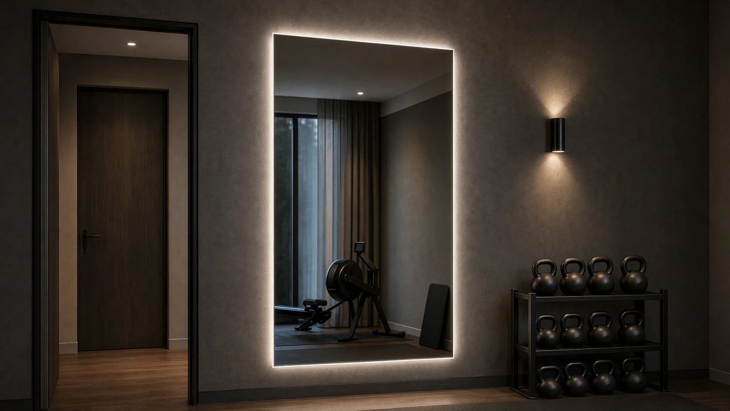 Claris ANIMA STUDIO mirror in a wellness studio, wide view, Studio Line